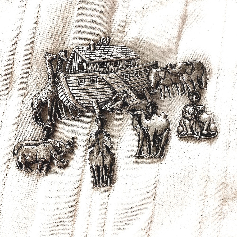 Vintage Silver Pewter Noah’s Ark Brooch W/ Animal Dangle Charms by Josette (JJ)